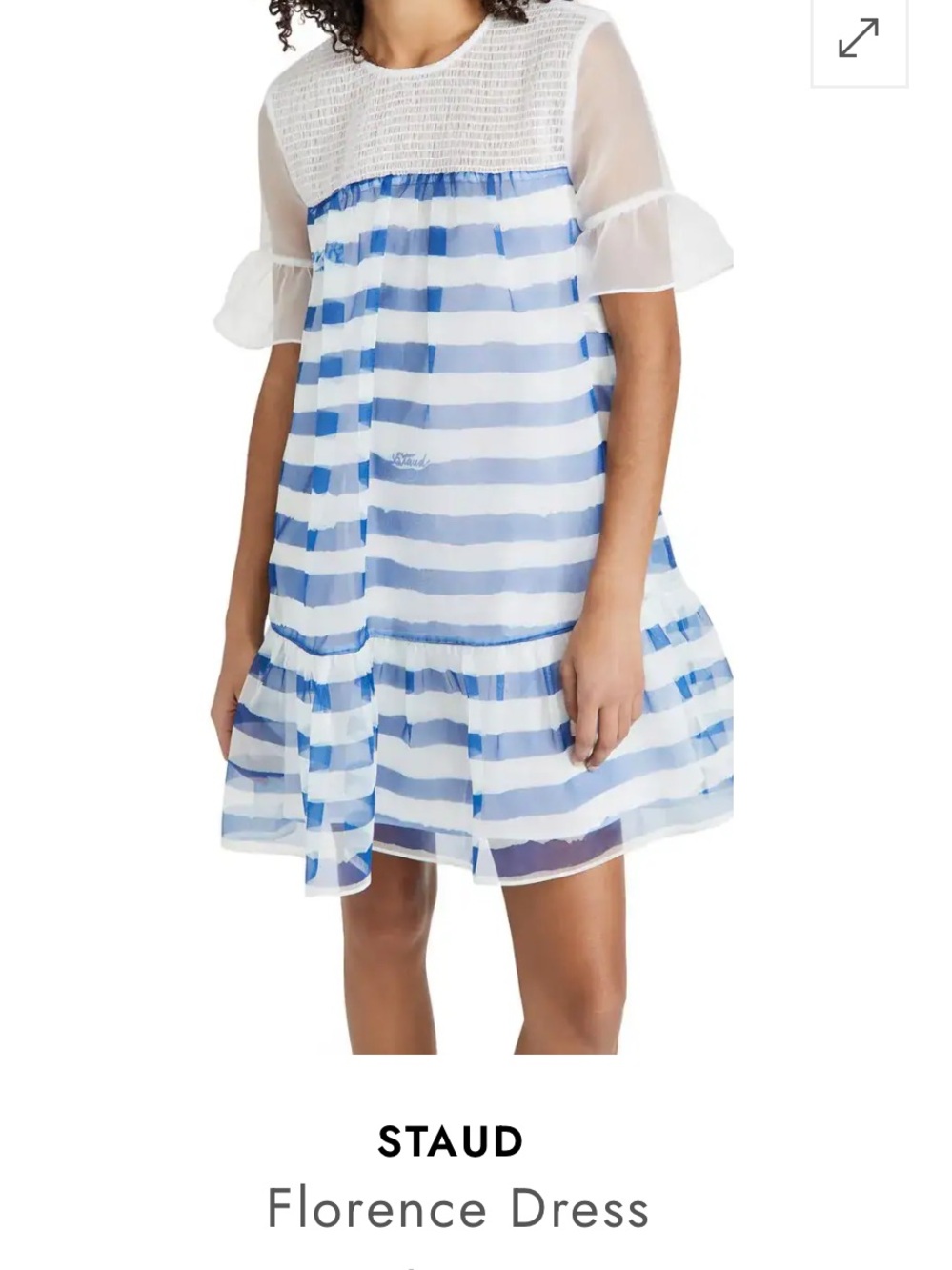 STAUD Blue and White Striped Sheer-Sleeve Florence Dress